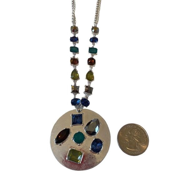 Silver Tone Multi Colored Faux Gemstone Pendant Necklace. - Picture 5 of 5